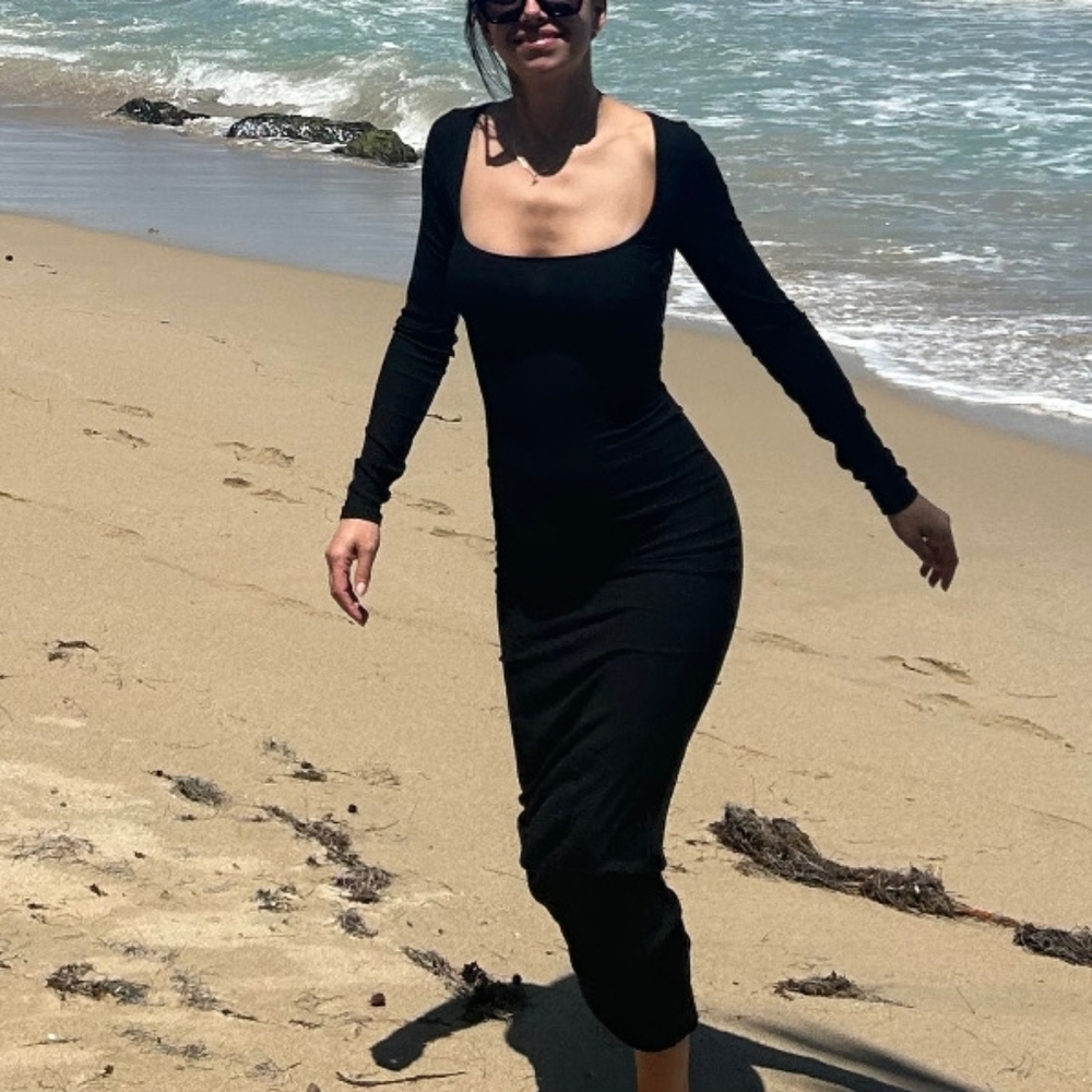 SKIMS Soft Lounge Long Sleeve Dress, color Onyx (Black), XS, Skims Ribbed Maxi